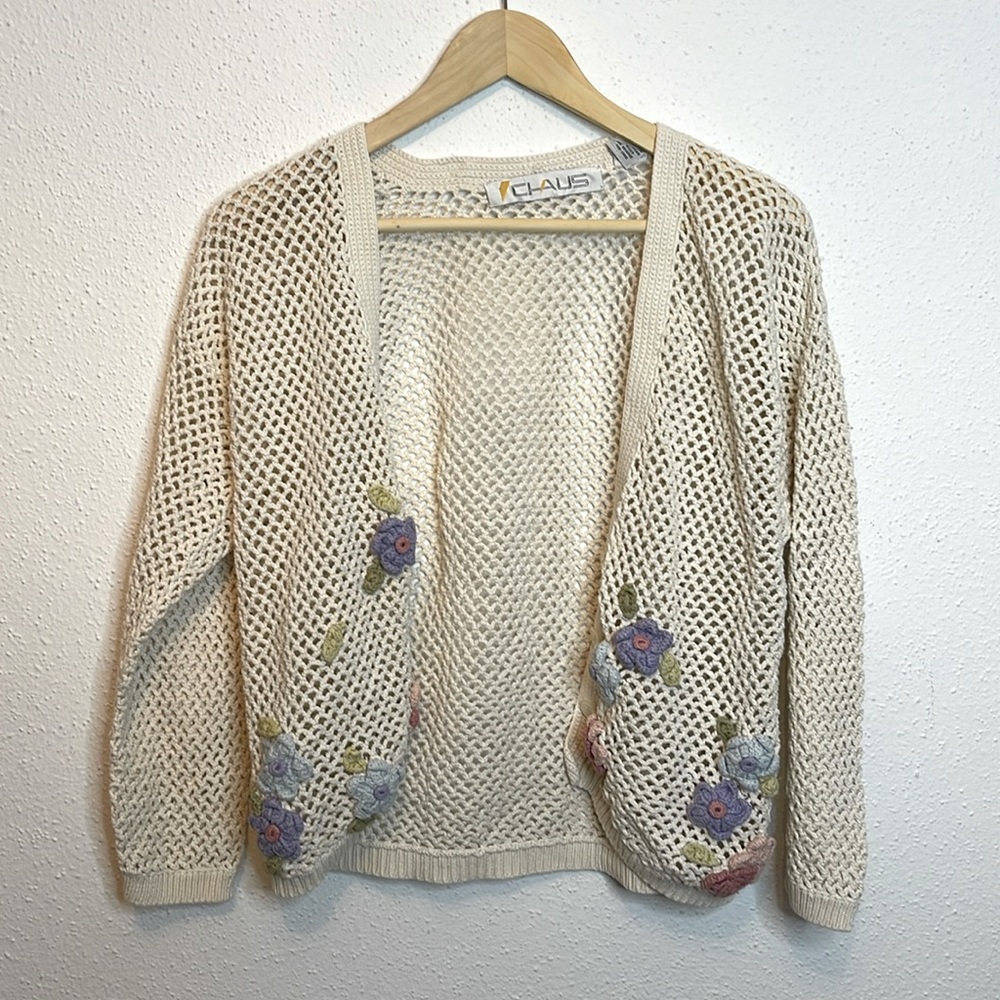 Vintage Chaus Cream Knit Cardigan with Crochet Florals Size Medium